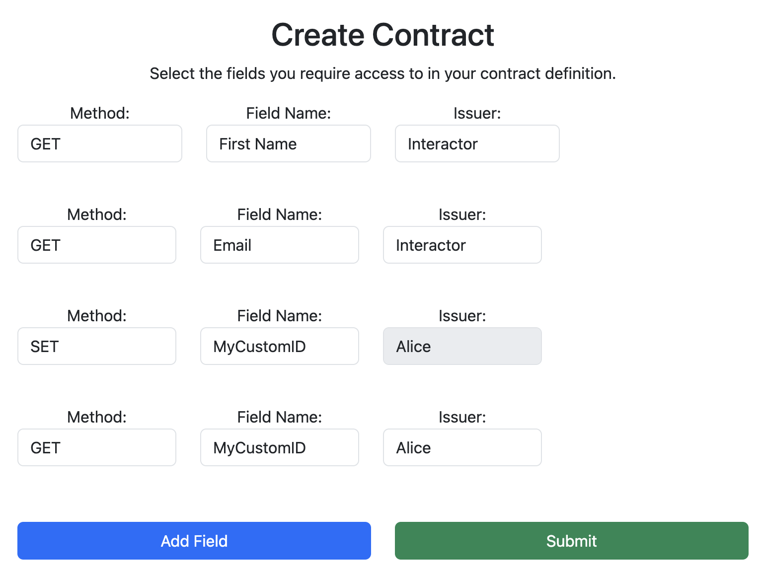 one.id contract showing fields definition.